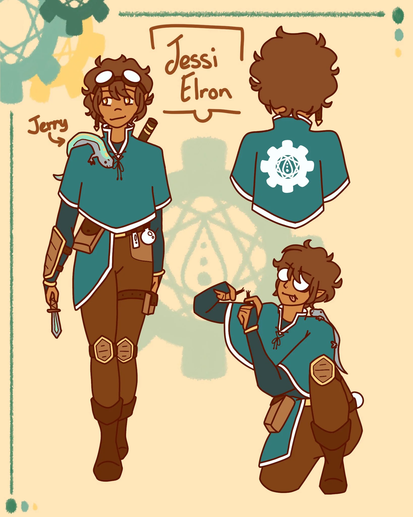 Jessi Elron Character Sheet, blue clothes, armor, lizard homunculous